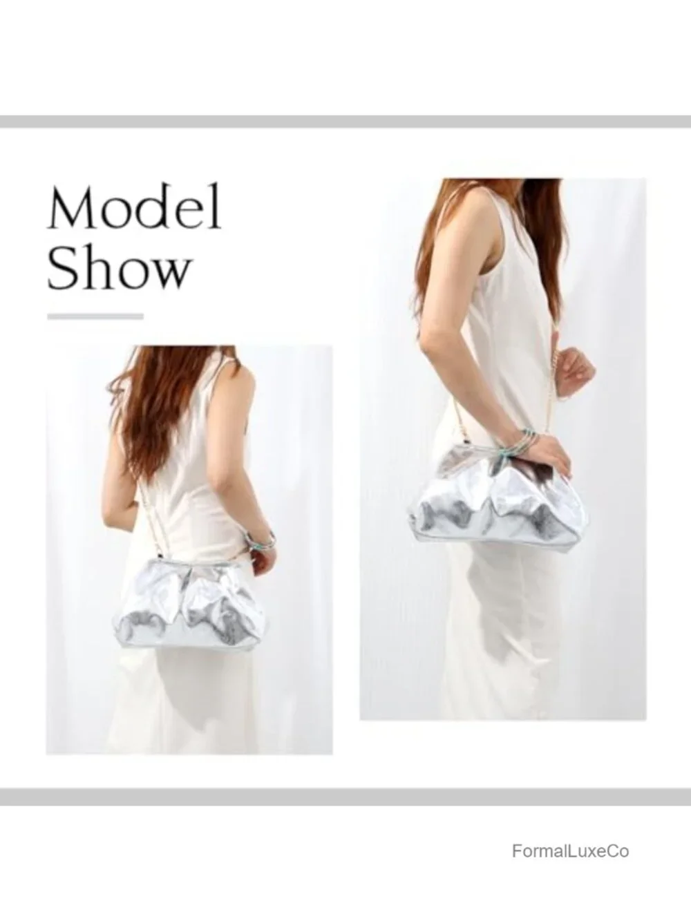 Faux Leather Ruched Dumpling Clutch for Women Silver Evening Handbag